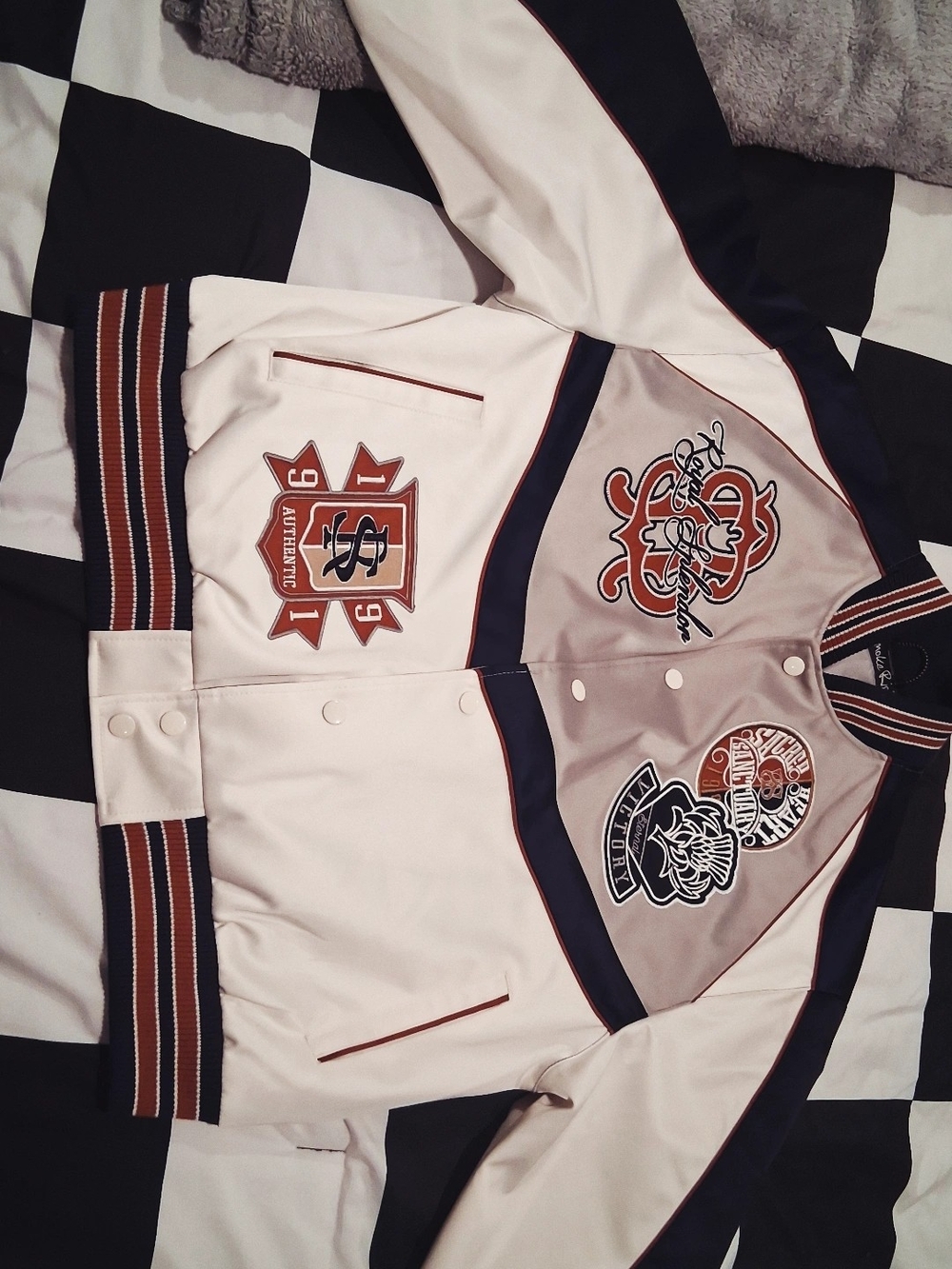Ivory and Navy Embroidered Varsity Bomber Jacket